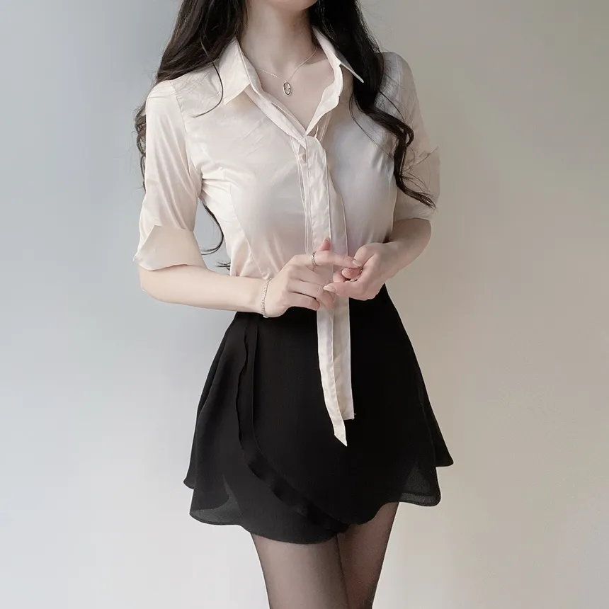 クロップドカラー7分袖シャツストラップ付 | mirangmirang | 詳細画像33