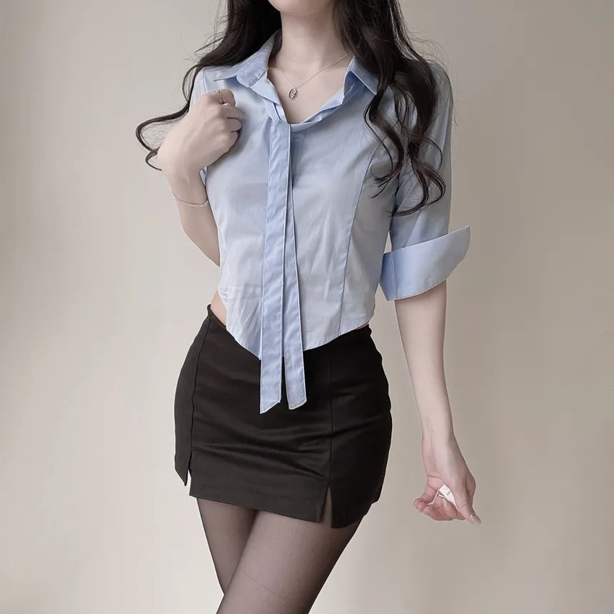 クロップドカラー7分袖シャツストラップ付 | mirangmirang | 詳細画像45