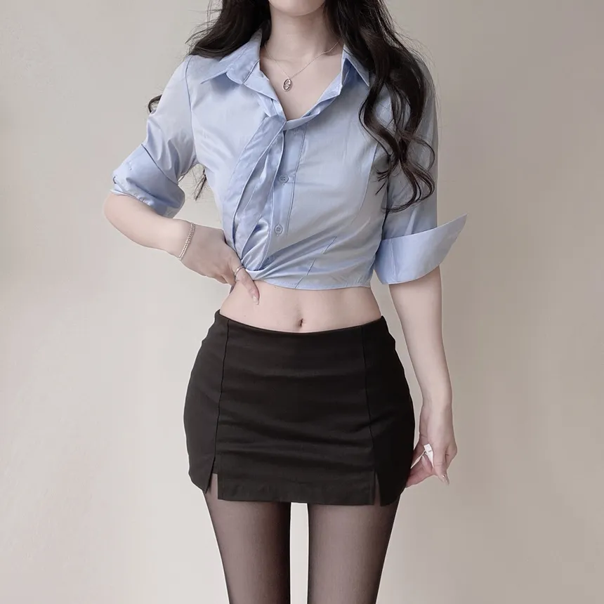 クロップドカラー7分袖シャツストラップ付 | mirangmirang | 詳細画像46