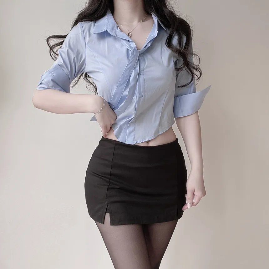 クロップドカラー7分袖シャツストラップ付 | mirangmirang | 詳細画像47