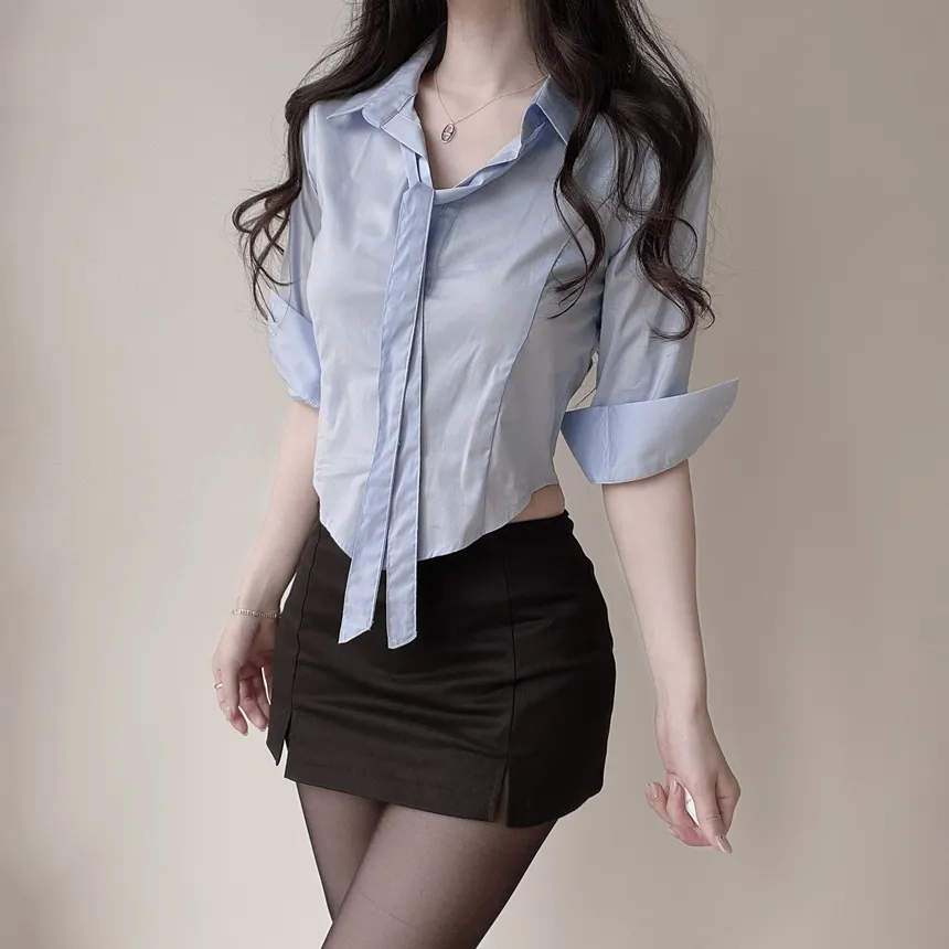 クロップドカラー7分袖シャツストラップ付 | mirangmirang | 詳細画像48