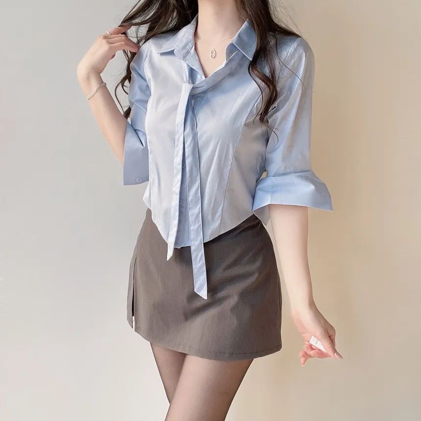 クロップドカラー7分袖シャツストラップ付 | mirangmirang | 詳細画像50