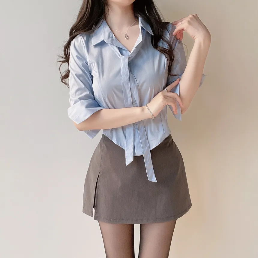 クロップドカラー7分袖シャツストラップ付 | mirangmirang | 詳細画像51