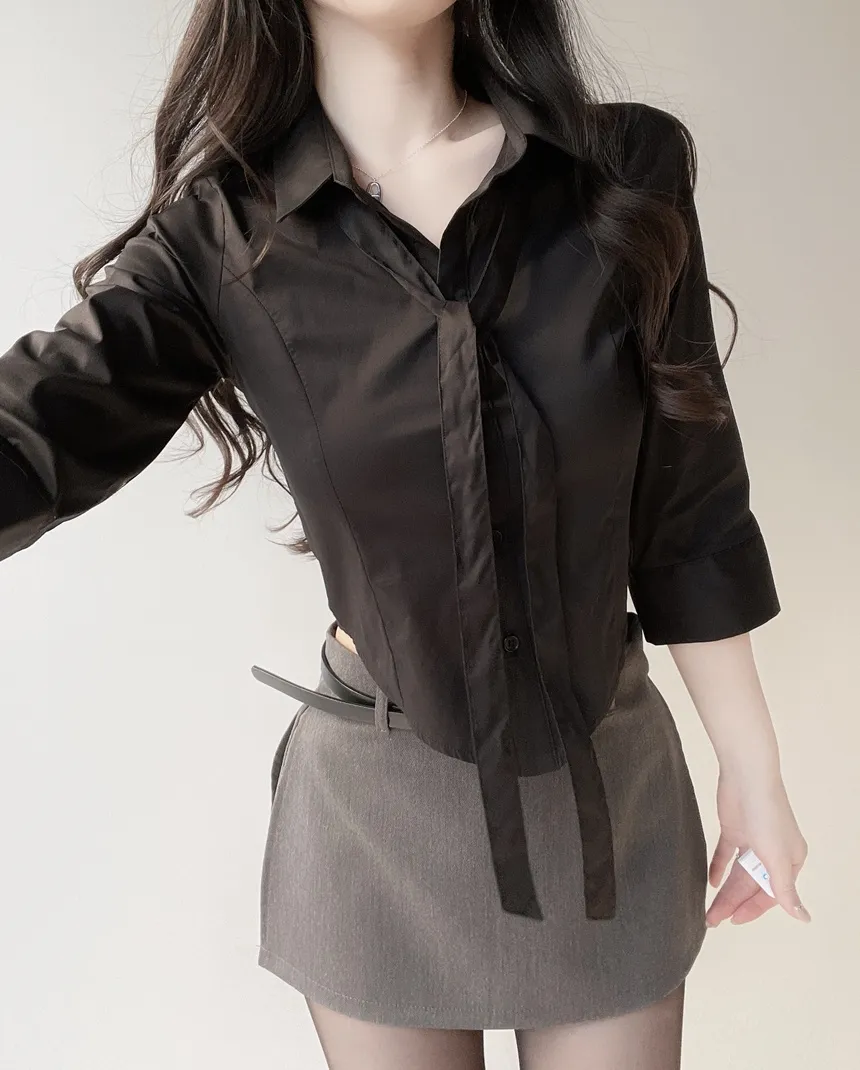 クロップドカラー7分袖シャツストラップ付 | mirangmirang | 詳細画像60