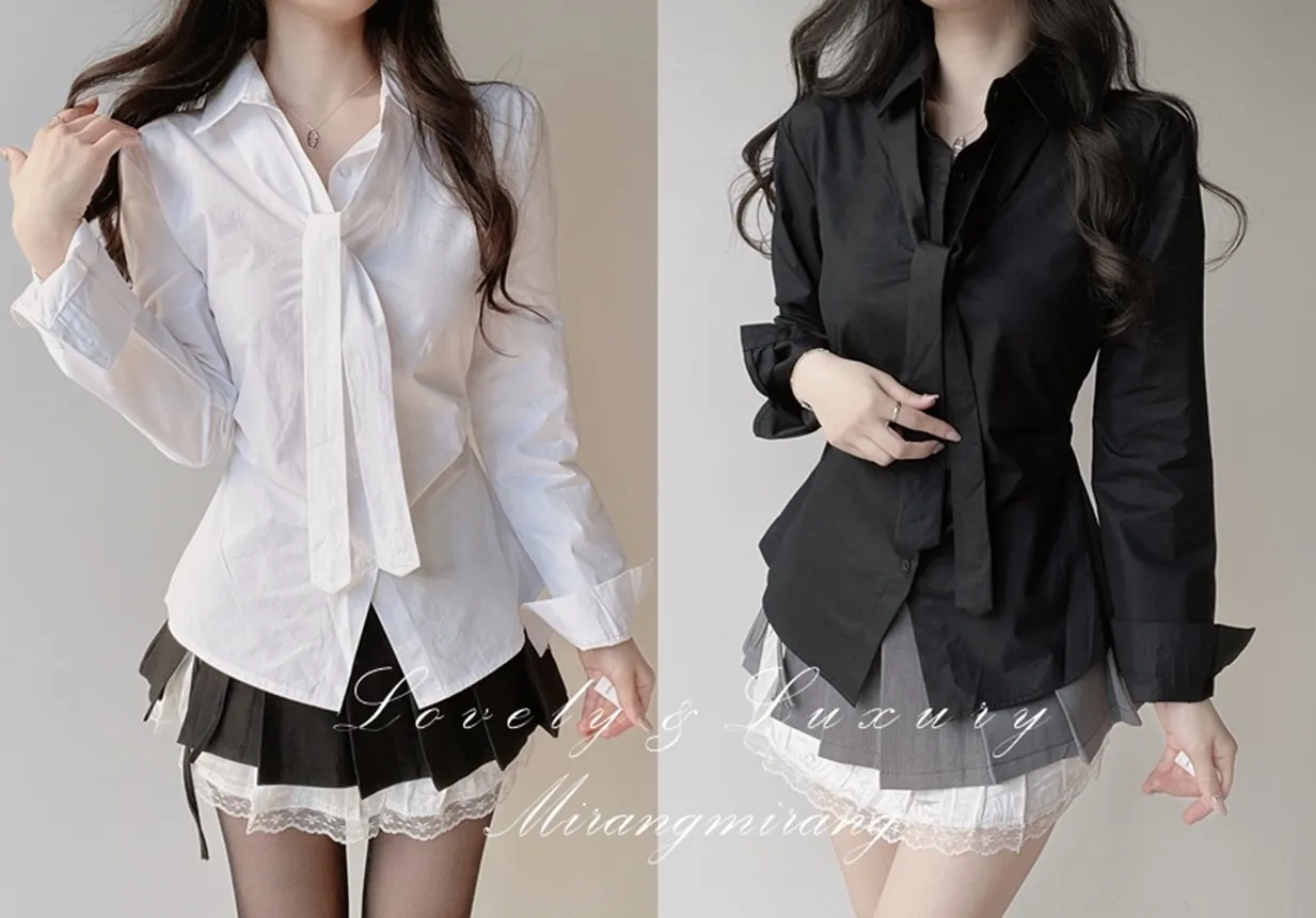 コットン長袖シャーリングスリムブラウスストラップ付 | mirangmirang | 詳細画像1