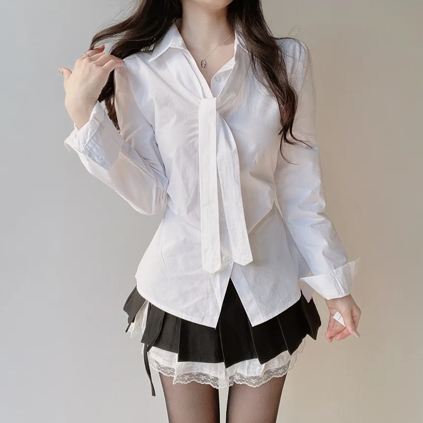 コットン長袖シャーリングスリムブラウスストラップ付 | mirangmirang | 詳細画像2