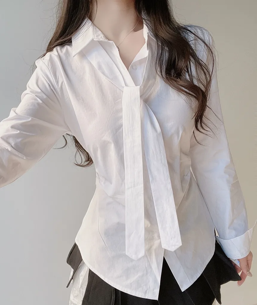 コットン長袖シャーリングスリムブラウスストラップ付 | mirangmirang | 詳細画像3