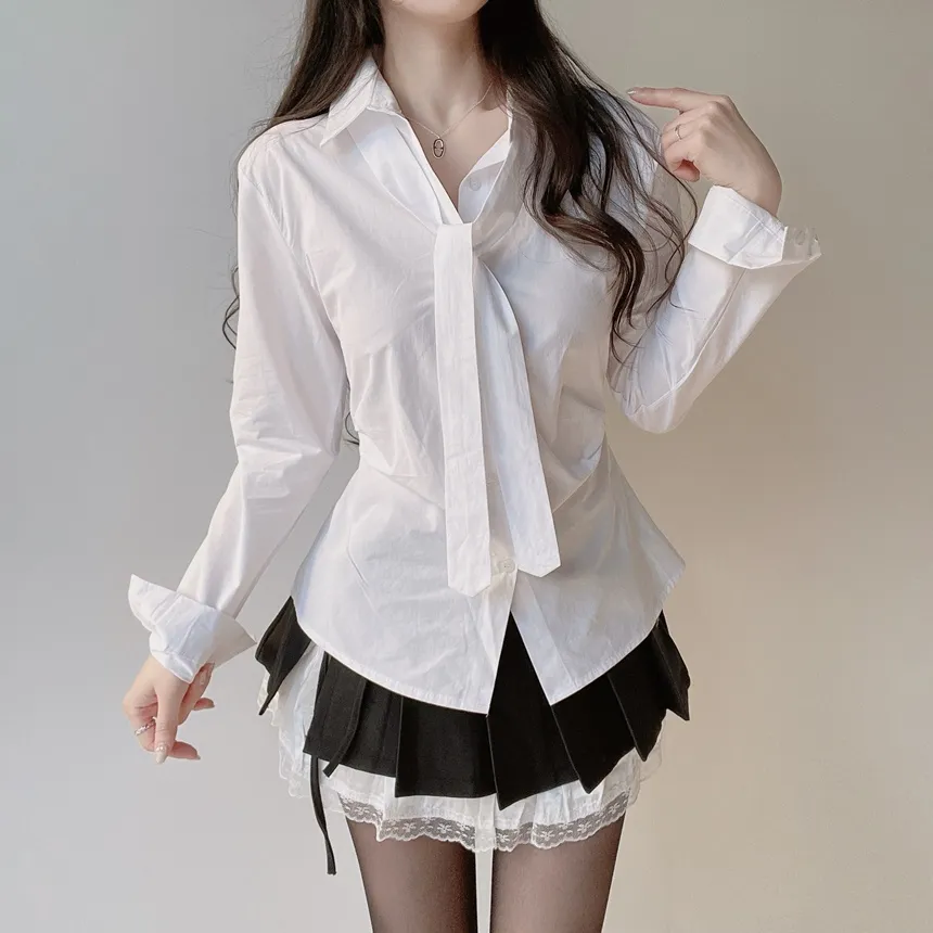 コットン長袖シャーリングスリムブラウスストラップ付 | mirangmirang | 詳細画像5