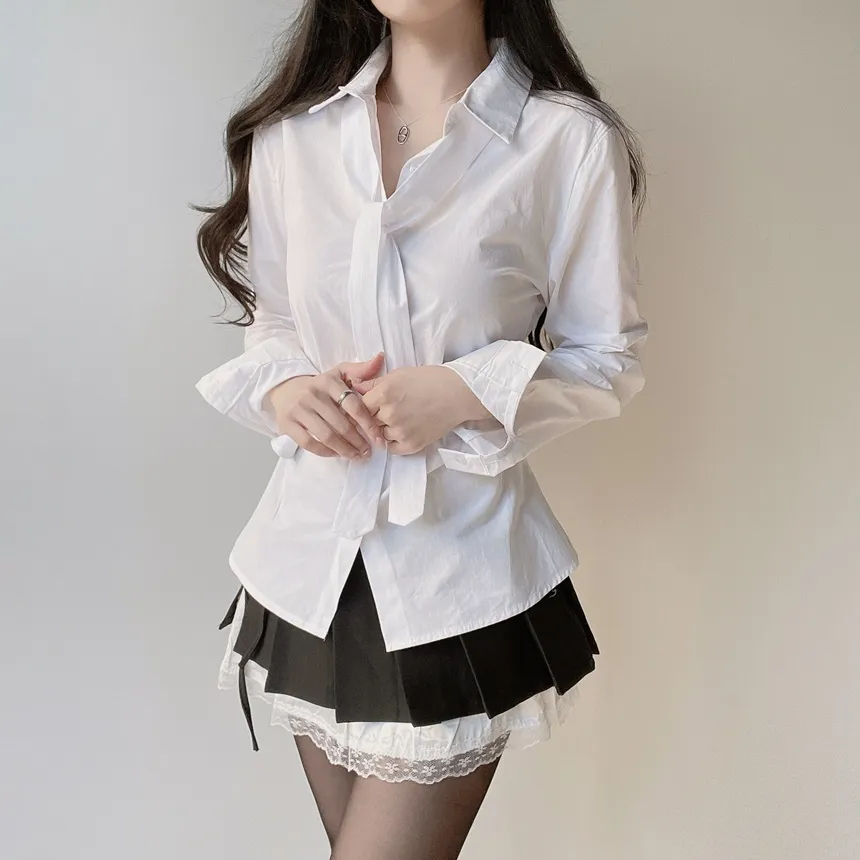 コットン長袖シャーリングスリムブラウスストラップ付 | mirangmirang | 詳細画像6