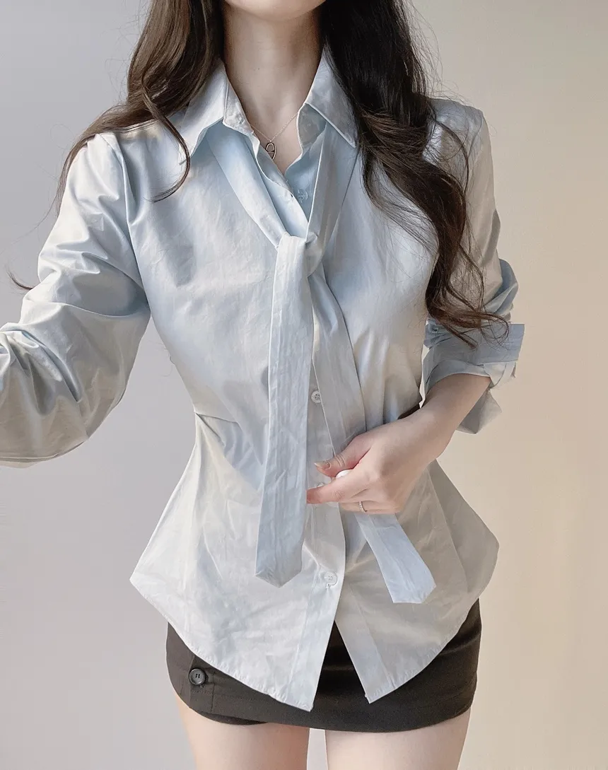 コットン長袖シャーリングスリムブラウスストラップ付 | mirangmirang | 詳細画像7