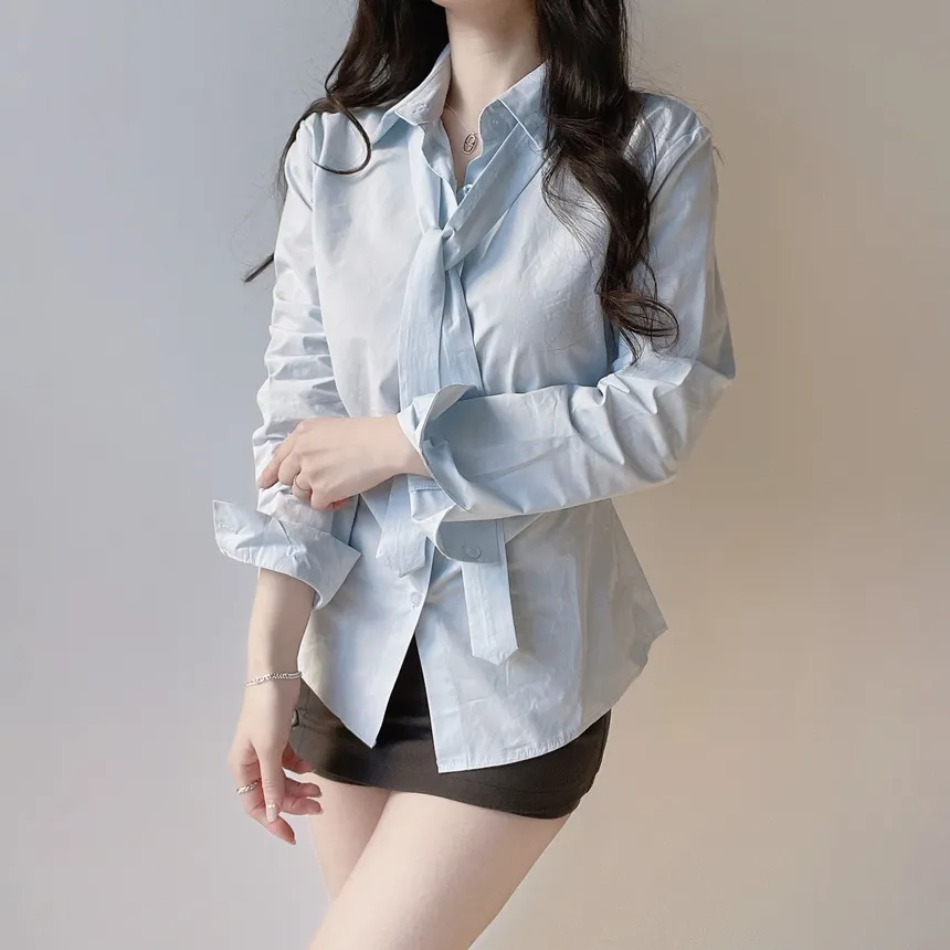 コットン長袖シャーリングスリムブラウスストラップ付 | mirangmirang | 詳細画像8