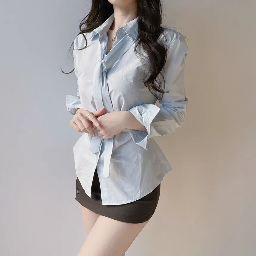 コットン長袖シャーリングスリムブラウスストラップ付 | mirangmirang | 詳細画像9