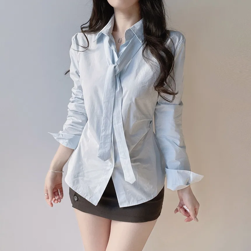 コットン長袖シャーリングスリムブラウスストラップ付 | mirangmirang | 詳細画像10