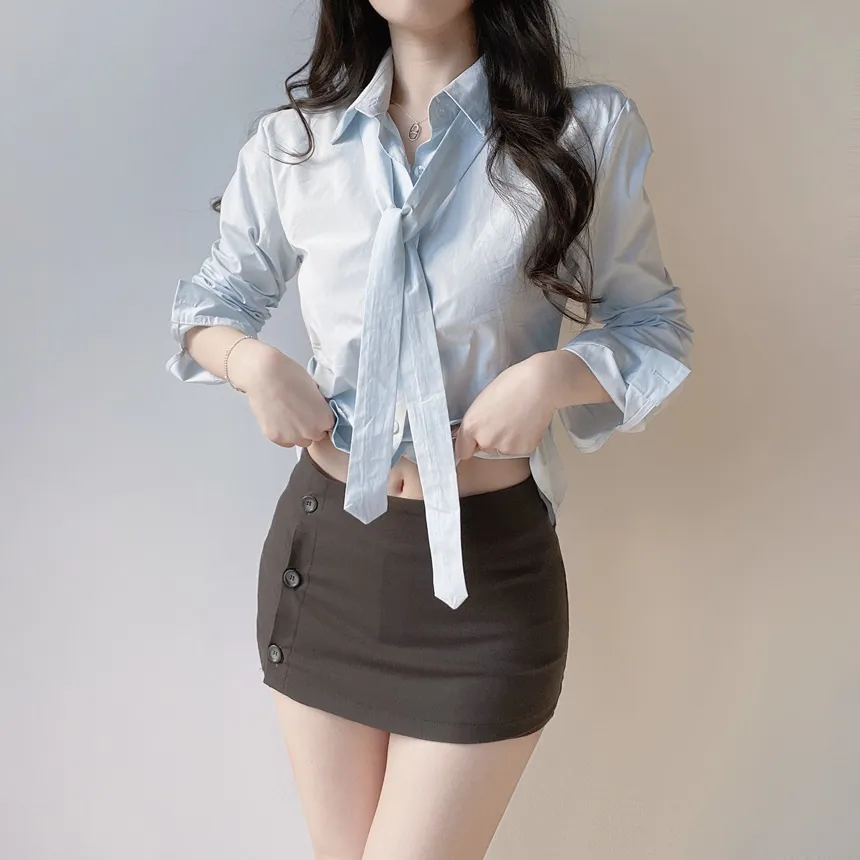 コットン長袖シャーリングスリムブラウスストラップ付 | mirangmirang | 詳細画像11