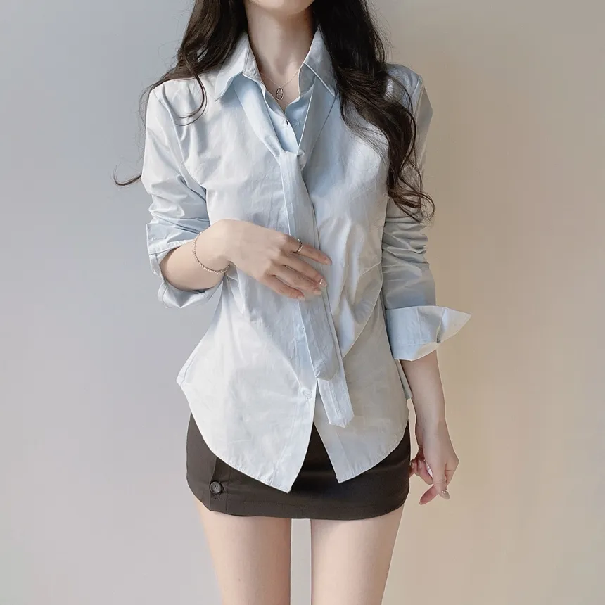 コットン長袖シャーリングスリムブラウスストラップ付 | mirangmirang | 詳細画像12