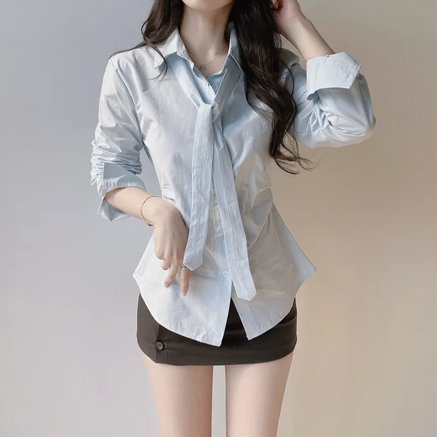 コットン長袖シャーリングスリムブラウスストラップ付 | mirangmirang | 詳細画像13