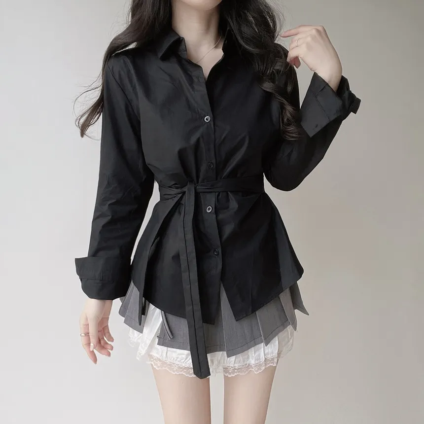 コットン長袖シャーリングスリムブラウスストラップ付 | mirangmirang | 詳細画像14