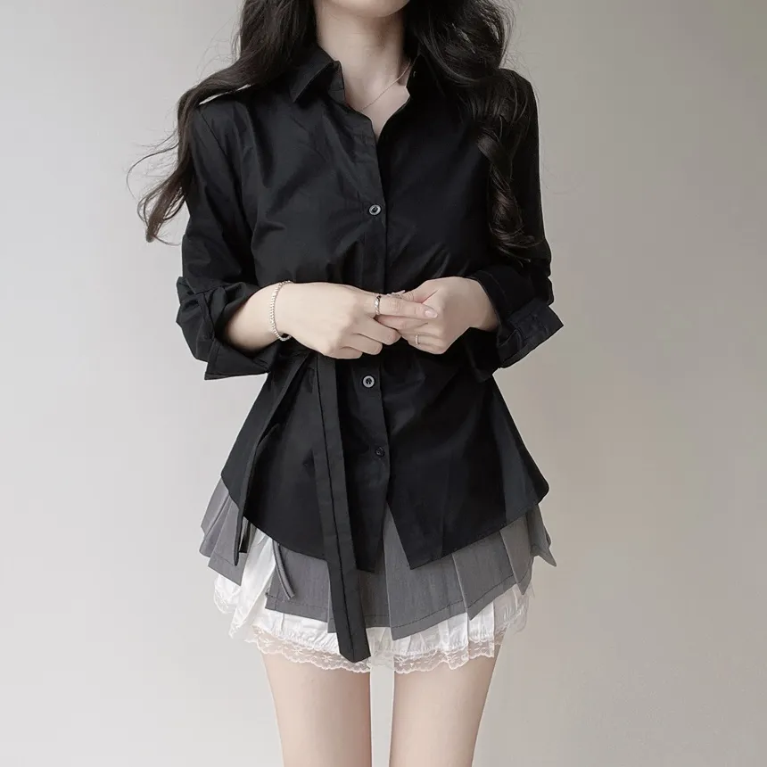 コットン長袖シャーリングスリムブラウスストラップ付 | mirangmirang | 詳細画像15