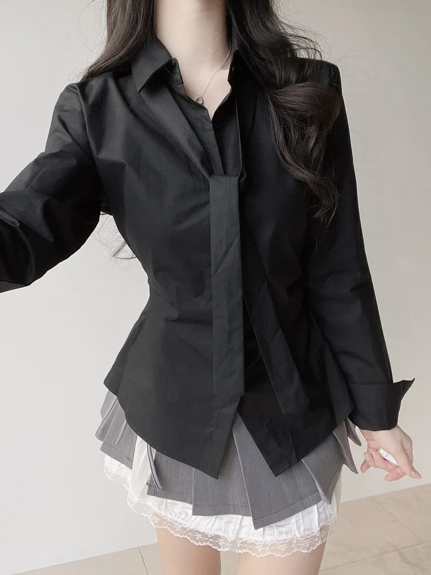 コットン長袖シャーリングスリムブラウスストラップ付 | mirangmirang | 詳細画像16