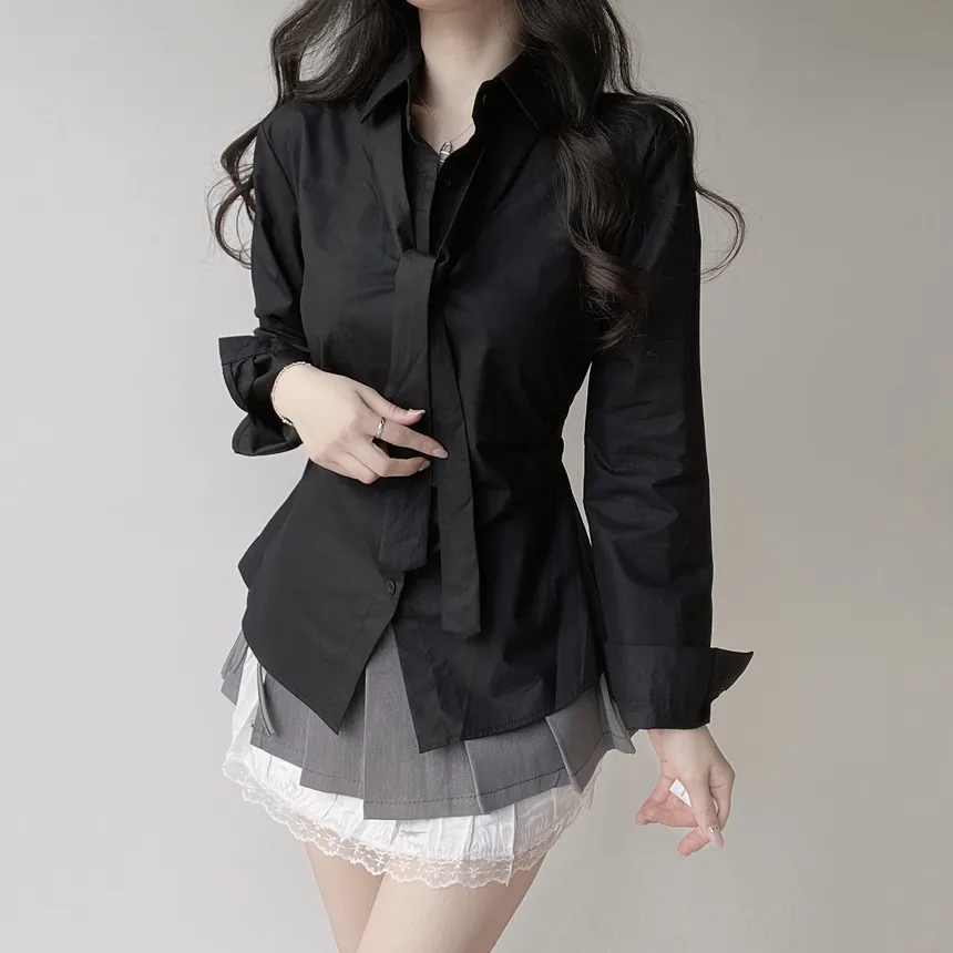 コットン長袖シャーリングスリムブラウスストラップ付 | mirangmirang | 詳細画像17