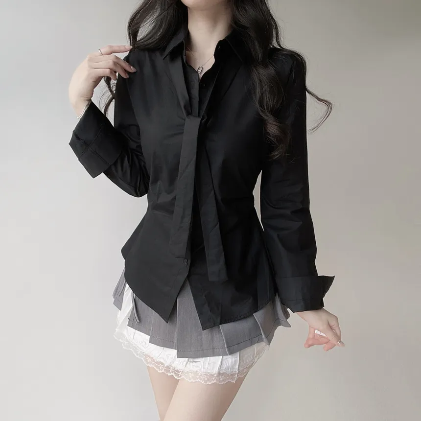 コットン長袖シャーリングスリムブラウスストラップ付 | mirangmirang | 詳細画像18