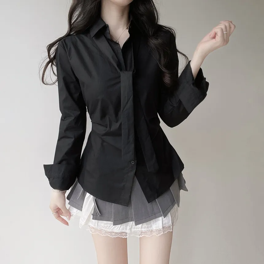 コットン長袖シャーリングスリムブラウスストラップ付 | mirangmirang | 詳細画像19