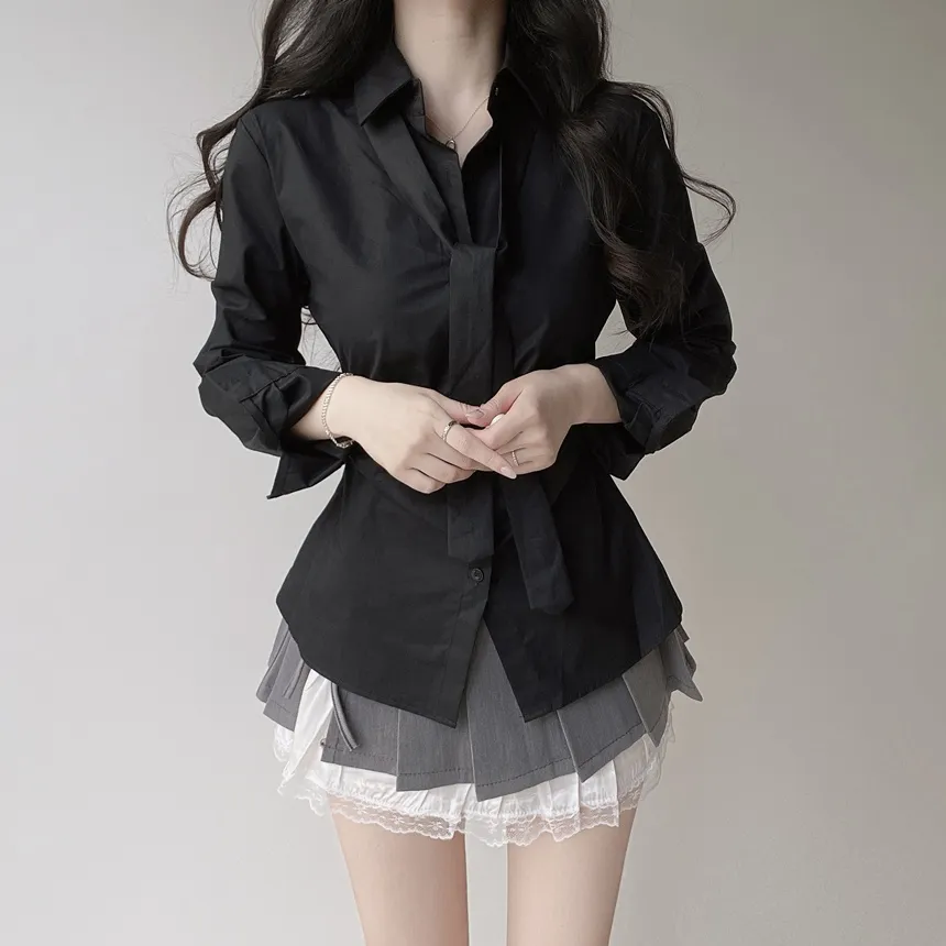 コットン長袖シャーリングスリムブラウスストラップ付 | mirangmirang | 詳細画像20