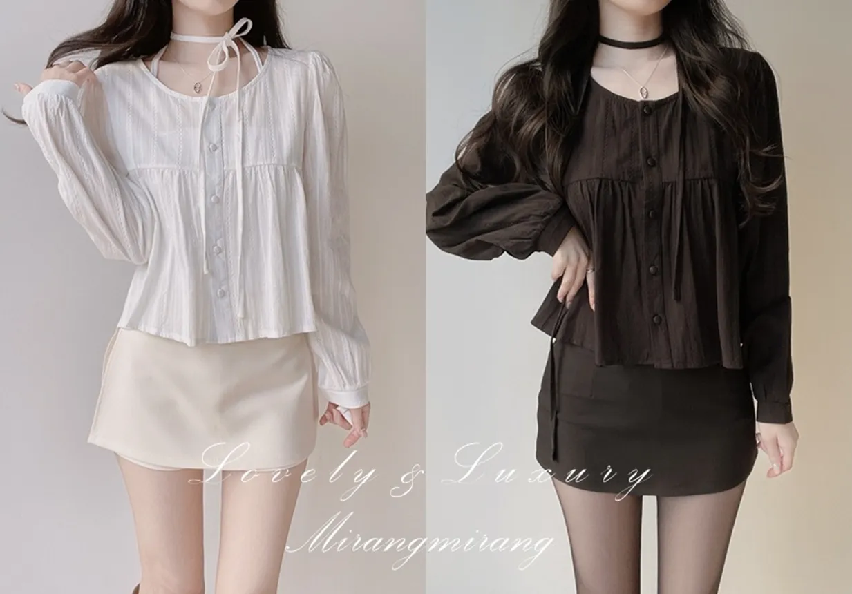 ラウンドネックボタン長袖ブラウスストラップ付 | mirangmirang | 詳細画像1