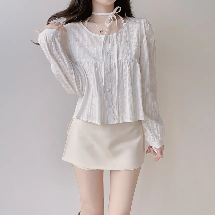 ラウンドネックボタン長袖ブラウスストラップ付 | mirangmirang | 詳細画像2