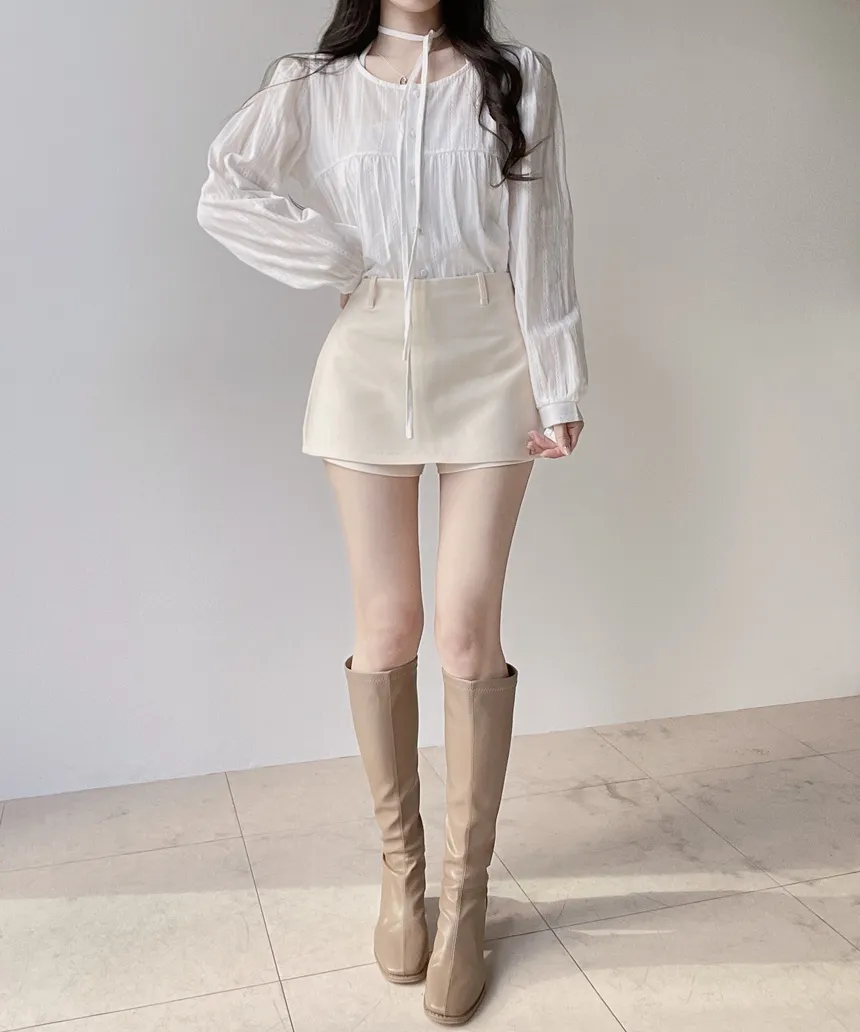 ラウンドネックボタン長袖ブラウスストラップ付 | mirangmirang | 詳細画像3