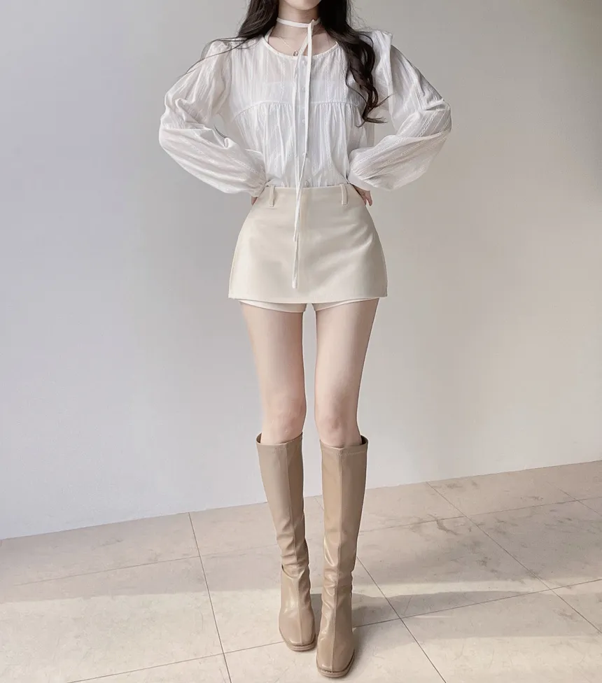 ラウンドネックボタン長袖ブラウスストラップ付 | mirangmirang | 詳細画像4