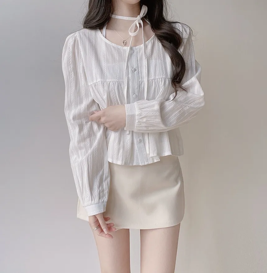 ラウンドネックボタン長袖ブラウスストラップ付 | mirangmirang | 詳細画像5