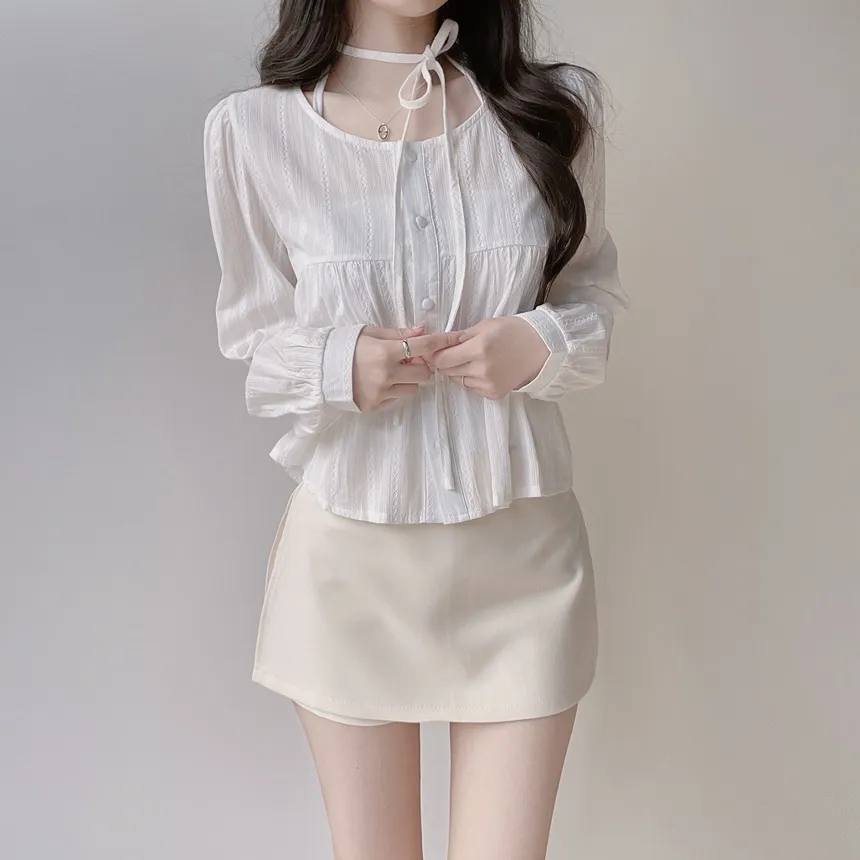 ラウンドネックボタン長袖ブラウスストラップ付 | mirangmirang | 詳細画像6