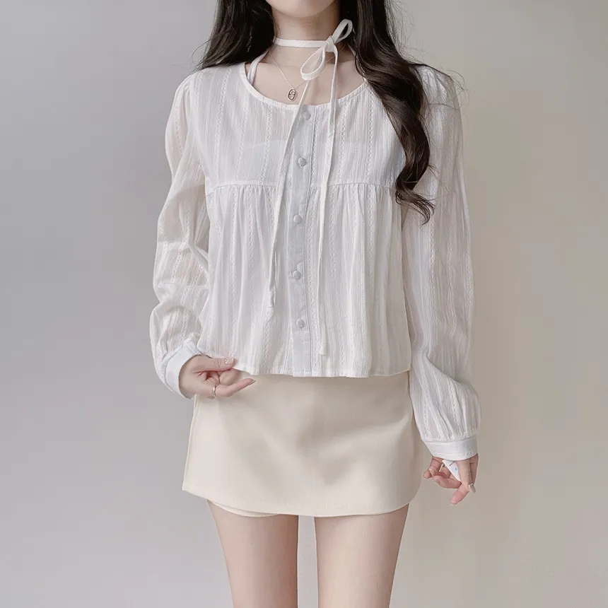 ラウンドネックボタン長袖ブラウスストラップ付 | mirangmirang | 詳細画像7