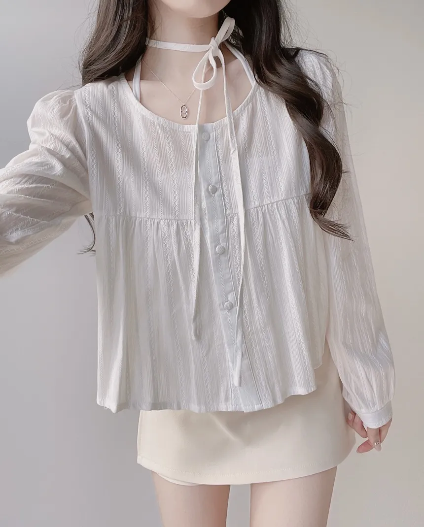 ラウンドネックボタン長袖ブラウスストラップ付 | mirangmirang | 詳細画像8