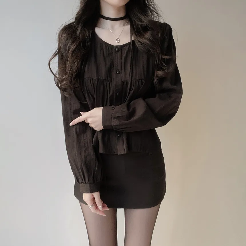 ラウンドネックボタン長袖ブラウスストラップ付 | mirangmirang | 詳細画像9