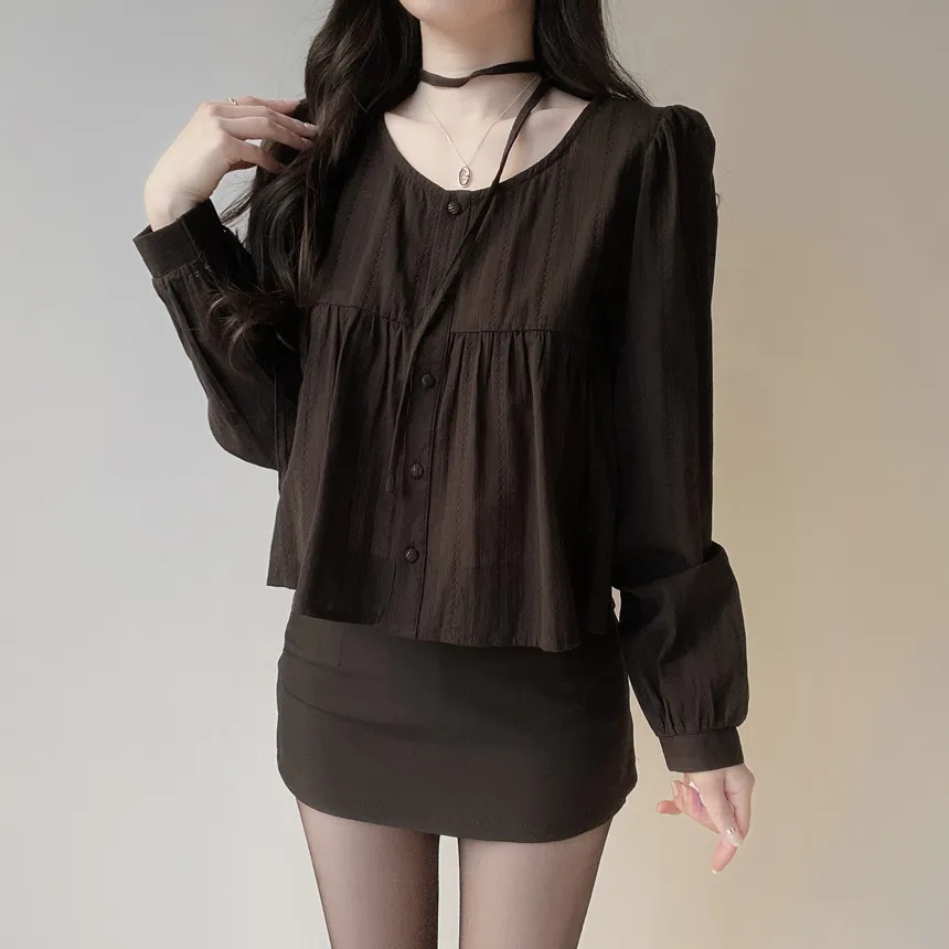 ラウンドネックボタン長袖ブラウスストラップ付 | mirangmirang | 詳細画像12