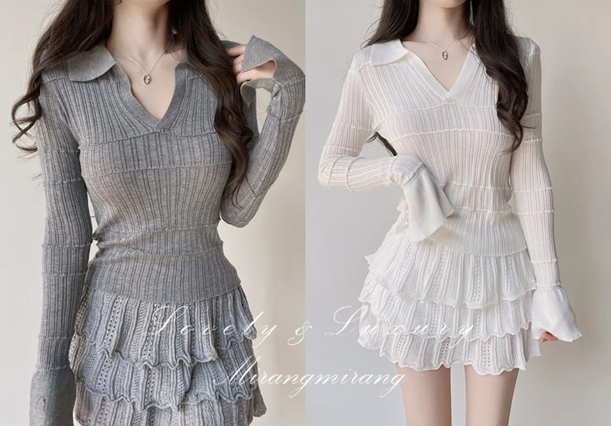 パンチングオープンカラー長袖ベルスリーブスリムニット | mirangmirang | 詳細画像1