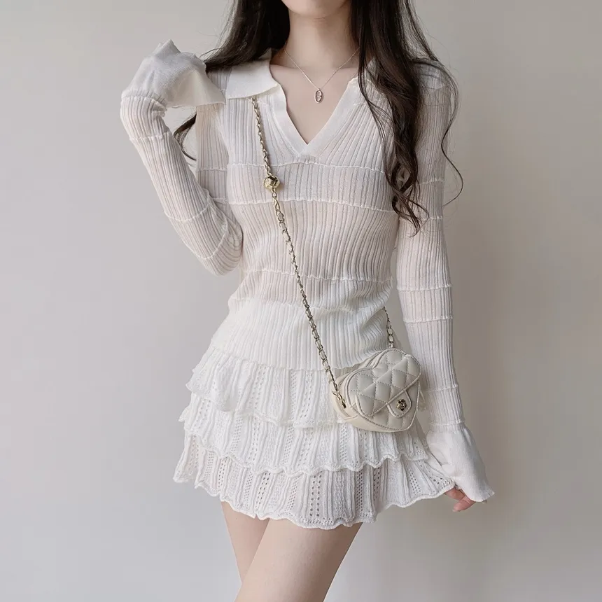 パンチングオープンカラー長袖ベルスリーブスリムニット | mirangmirang | 詳細画像4