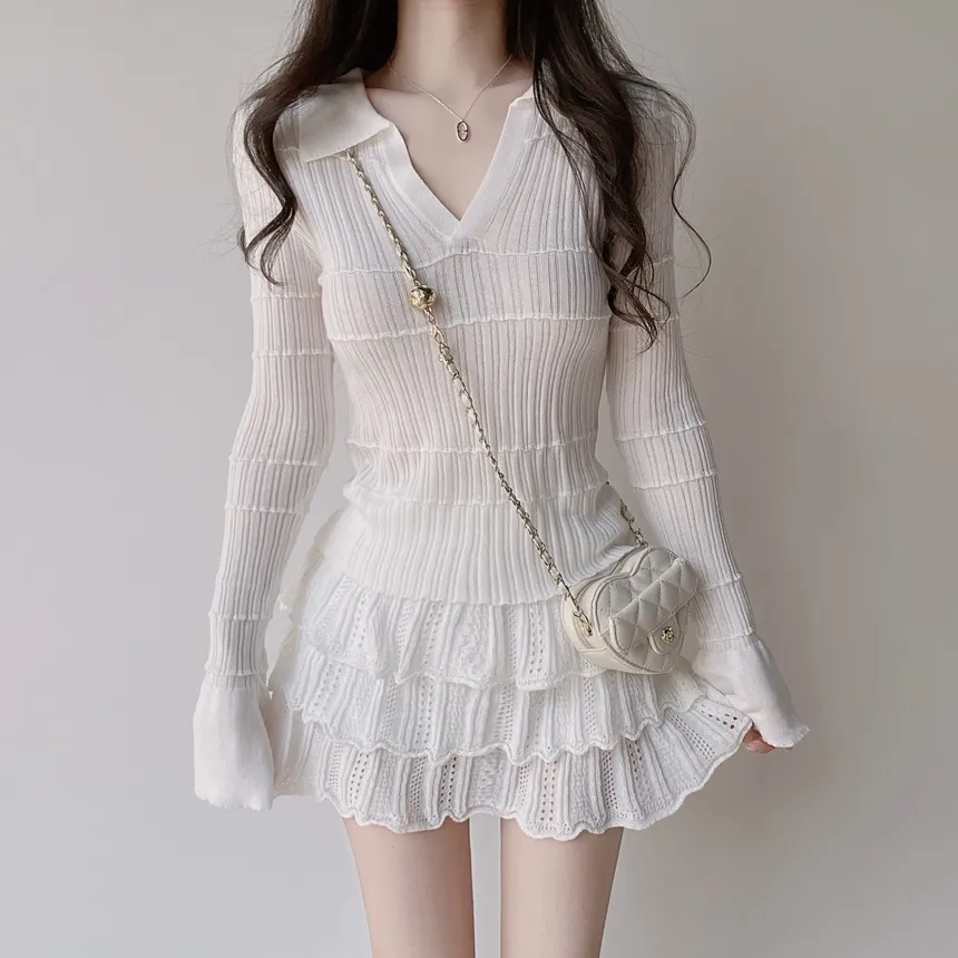 パンチングオープンカラー長袖ベルスリーブスリムニット | mirangmirang | 詳細画像5