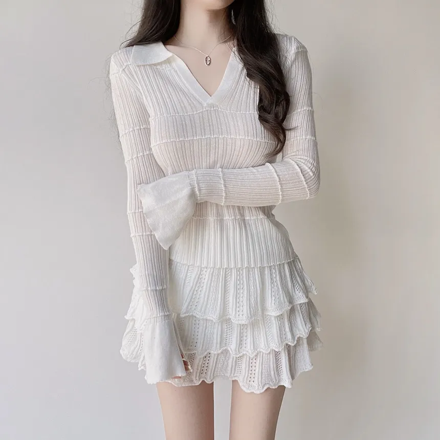 パンチングオープンカラー長袖ベルスリーブスリムニット | mirangmirang | 詳細画像8