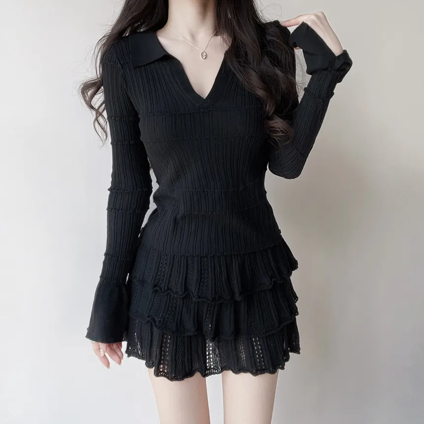 パンチングオープンカラー長袖ベルスリーブスリムニット | mirangmirang | 詳細画像10