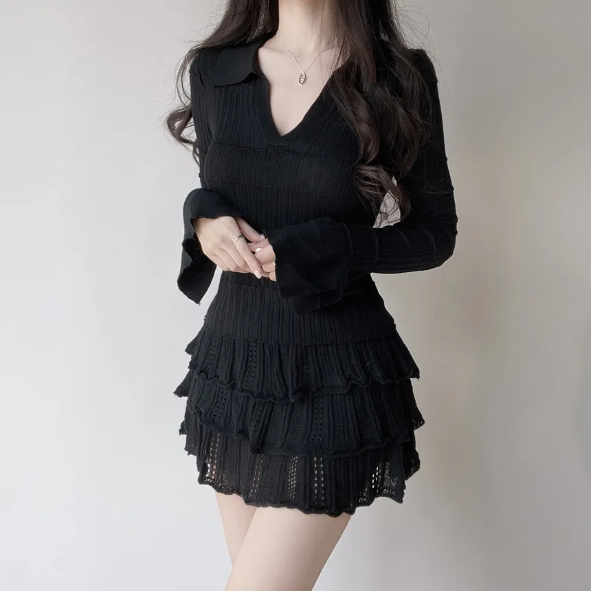 パンチングオープンカラー長袖ベルスリーブスリムニット | mirangmirang | 詳細画像11