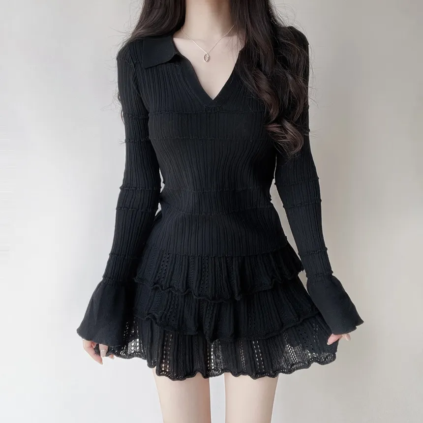 パンチングオープンカラー長袖ベルスリーブスリムニット | mirangmirang | 詳細画像12