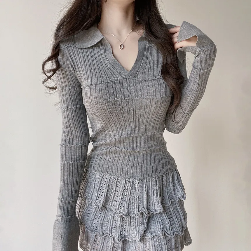 パンチングオープンカラー長袖ベルスリーブスリムニット | mirangmirang | 詳細画像13