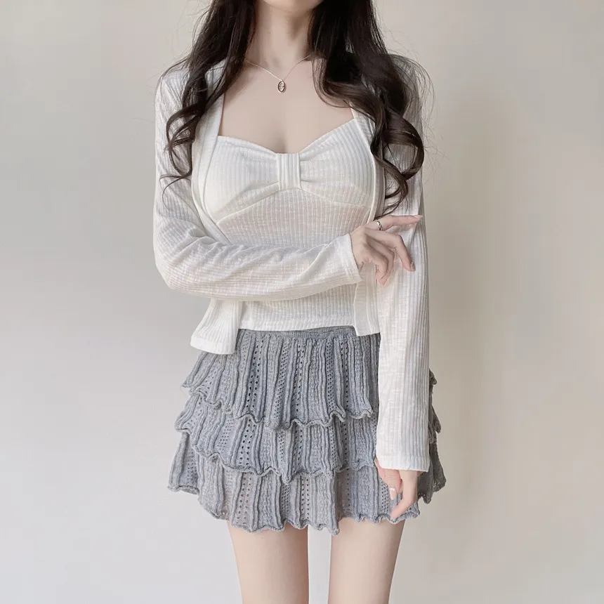 パンチングオープンカラー長袖ベルスリーブスリムニット | mirangmirang | 詳細画像21