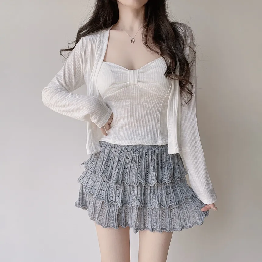 パンチングオープンカラー長袖ベルスリーブスリムニット | mirangmirang | 詳細画像24