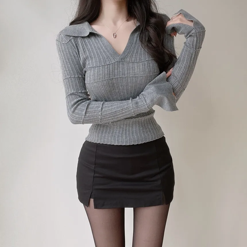 パンチングオープンカラー長袖ベルスリーブスリムニット | mirangmirang | 詳細画像25