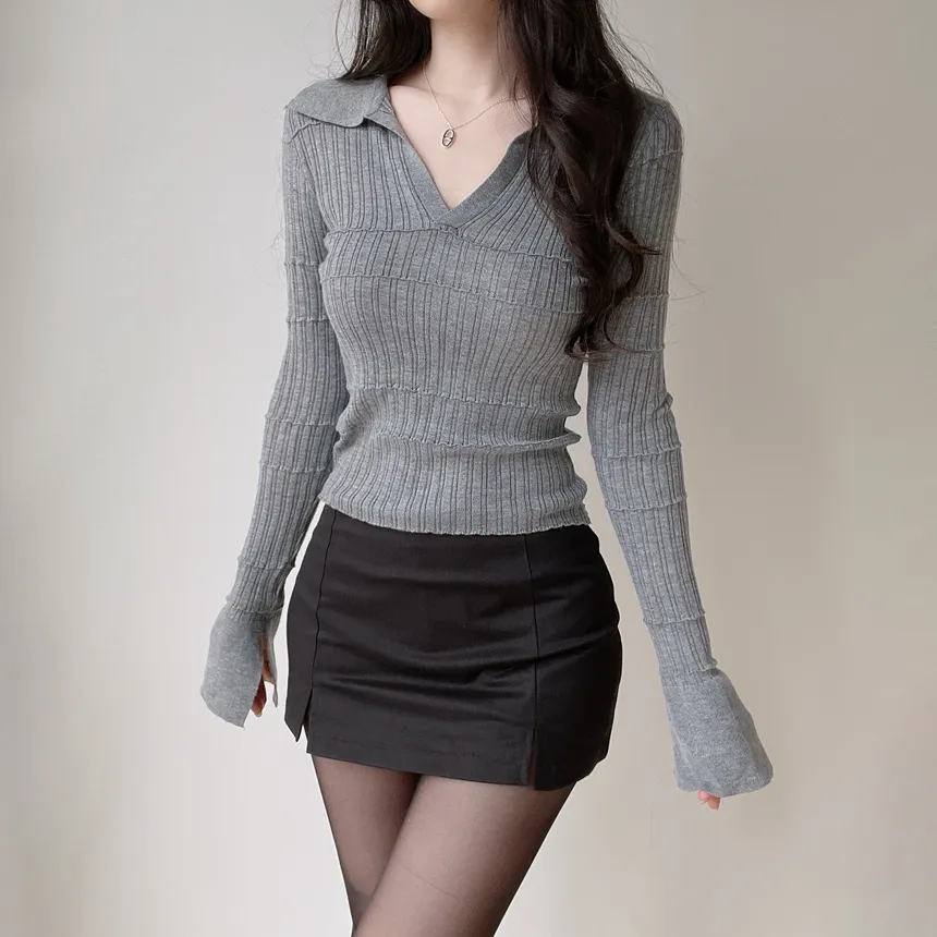 パンチングオープンカラー長袖ベルスリーブスリムニット | mirangmirang | 詳細画像26