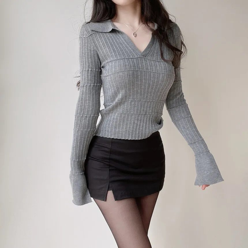 パンチングオープンカラー長袖ベルスリーブスリムニット | mirangmirang | 詳細画像31